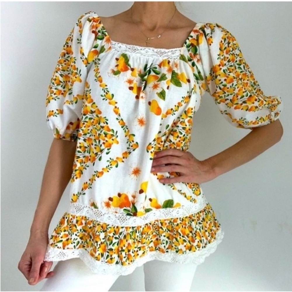 Nicole Miller Artelier Peasant Blouse Embroidered Detail, Floral/Fruit Print